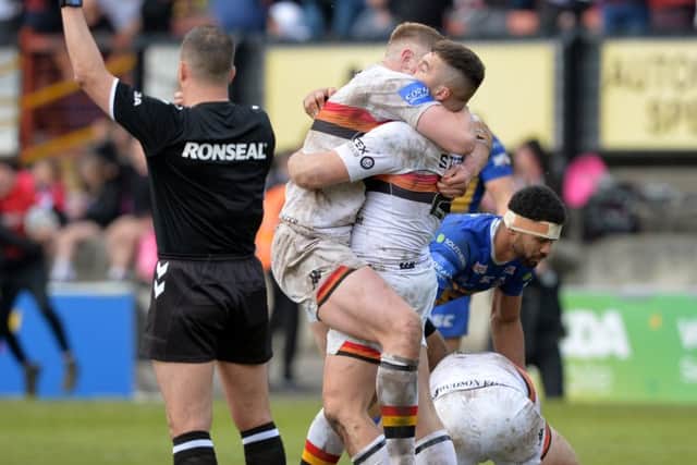 The Bradford Bulls celebrate at the final whistle as they beat the Rhinos 24-22.
 (
Picture: Bruce Rollinson)
