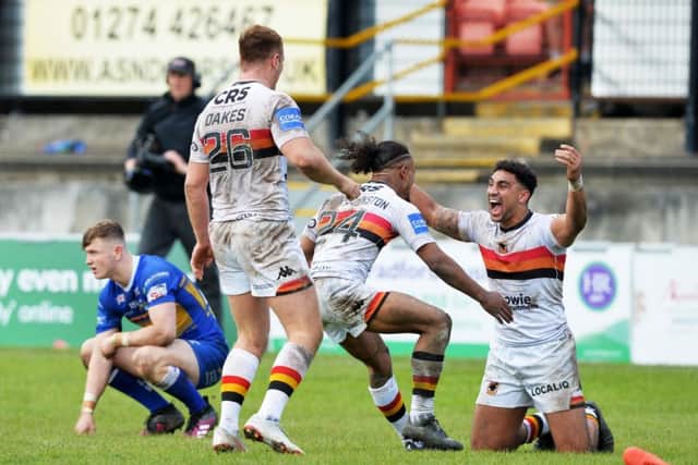 The Bradford Bulls celebrate at the final whistle as they beat the Rhinos 24-22 (Picture: Bruce Rollinson)