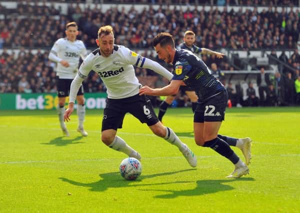 Leeds United's Jack Harrison takes on Derby County's Richard Keogh. (Picture: Tony Johnson)