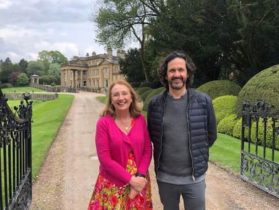 Skipton-based author Gina Lazenby and Broughton Hall Estate owner Roger Tempest in front of Broughton Hall Estate