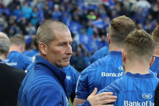 Leinster senior coach, Stuart Lancaster commiserates with his players after their defeat to Saracens in the Champions Cup Finalon Saturday. Picture: David Rogers/Getty Images.