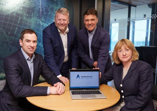 Pictured L-R: Graham Davies (Mecia), Grant Peggy (British Business Bank), Paul Marples (Authenticate), Linda Campbell (Autenticate). Pic: Shaun Flannery/shaunflanneryphotography.com