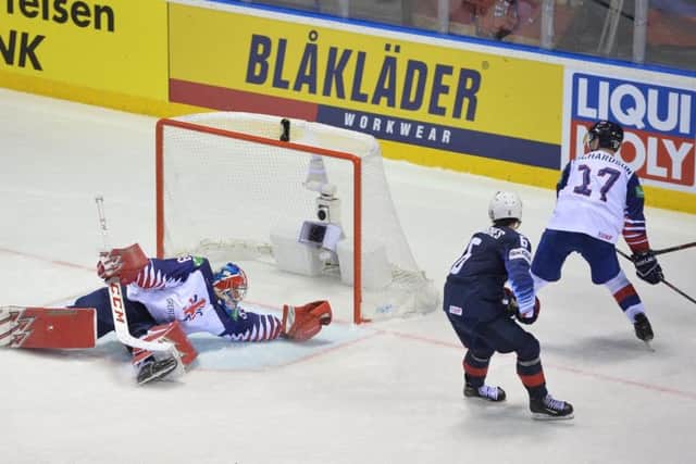 NOT THIS TIME: Ben Bowns, produces a brilliant save to deny the USA's Jack Hughes, the 18-year-old tipped to be the No1 overall pick in this year's NHL Draft.. Picture: Dean Woolley.