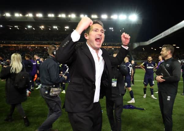 Derby County manager Frank Lampard celebrates victory.