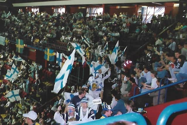 Fans do the conga during a game at the 1994 world championships in Italy Picture courtesy of Mimi Quaarta.
