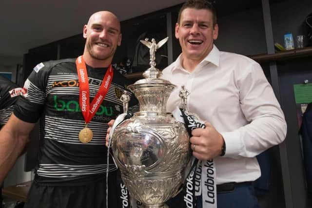 Hull's Gareth Ellis and Lee Radford after the 2017 Challenge Cup final win. (SWPix)