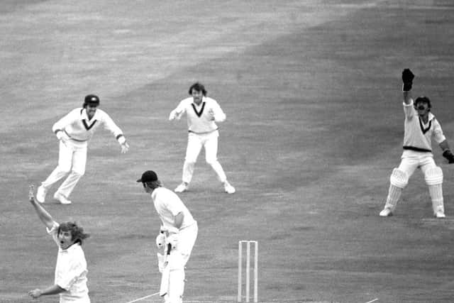 GOT HIM: England opener Dennis Amiss is trapped leg before by Gary Gilmour during the World Cup semi-final at Headingley in 1975.