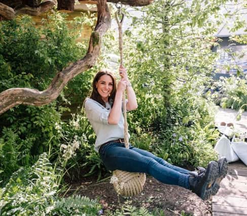 The Duchess of Cambridge in the Adam White and Andree Davies co-designed 'Back to Nature' garden during build week ahead of the RHS Chelsea Flower Show. Photo: Kensington Palace/PA Wire