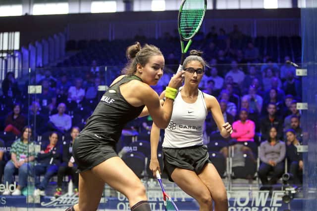 Jenny Duncalf, left, on her way to victory over Egypts world junior champion Rowan Elaraby in round one at the British Open on Monday. Picture courtesy of PSA.