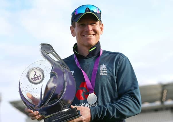 England's captain Eoin Morgan with the Royal London One-Day Series trophy after the victory over Pakistan at Emerald Headingley on Sunday (Picture: Nigel French/PA Wire).