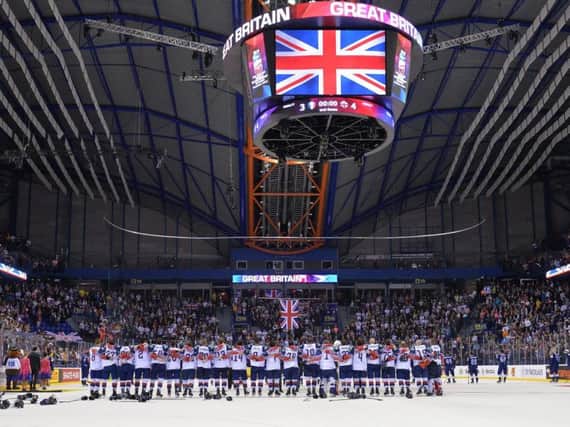 HEROES: Great Britsain'splayers line-up for the national anthem after beating France. Picture: Dean Woolley.