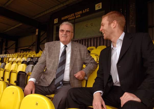 Bill Fotherby, then chairman of Harrogate Town, welcomes new manager Simon Weaver back in May 2009 (Picture: Gary Longbottom).