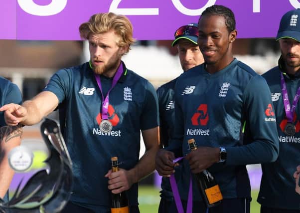 IN AND OUT: David Willey and Jofra Archer, pictured following the fifth ODI between England and Pakistan at Headingley on Sunday. Picture: Alex Davidson/Getty Images.