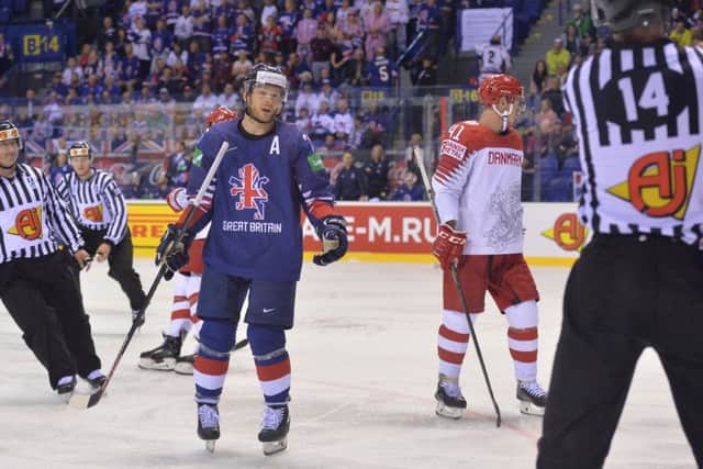 Robert Dowd chats to an official during the 9-0 defeat against Denmark in Kosice. Picture: Dean Woolley.