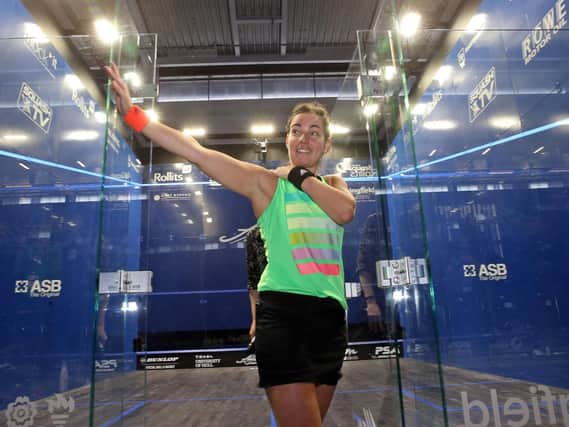 FAREWELL: Jenny Duncalf acknowledges the University of Hull crowd after defeat to world No 1 Raneem El Welily signalled her retirement from the professional game. Picture courtesy of PSA.