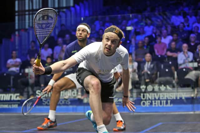 James Willstrop battles with Egypt's Mohamed ElShorbagy in Hull on Tuesday. Picture courtesy of PSA.