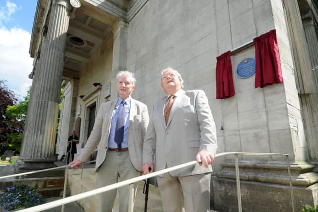 Dr Richard Keesing, chair of York Cemetary Trust and Dr Peter Addyman, President ofr York Civic Trust unveil a  blue plaque unveiling by York Civic Trust in honour of James Pigott Pritchett (1789-1868).