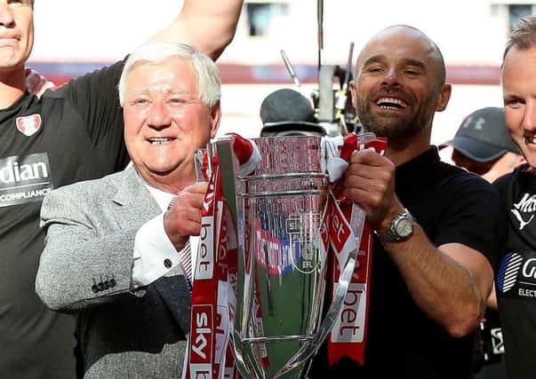 Rotherham United chairman Tony Stewart with manager Paul Warne after last May's League One play-off final win at Wembley (Picture: Nigel French/PA Wire).