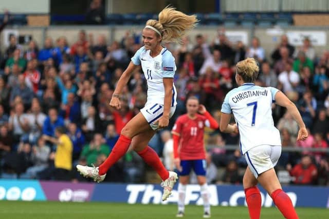 Rachel Daly celebrates scoring for England on her international debut in 2016 as the Lionesses defeated Serbia 7-0 in a qualifying match for UEFA Womens Euro 2017.