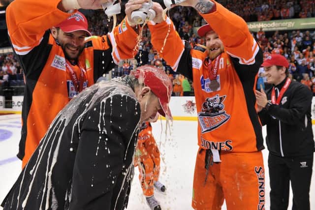 HAPPY DAYS: Paul Thompson, celebrating Sheffield Steelers' play-off success against Cardiff Devils in April 2017.