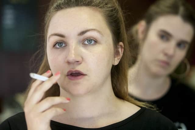 Lucy Hird and Emily Spowage in rehearsals of Black Teeth and a Brilliant Smile, a play by Freedom Studios. Photo by Tim Smith.