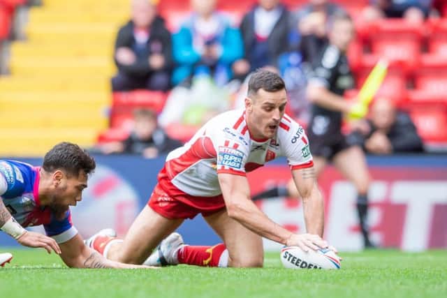Hull KR's Craig Hall touches down for a try against Salford. Picture: Allan McKenzie/SWpix.com