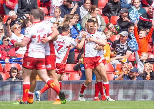 Hull KR's Craig Hall is congratulated on scoring a try against Salford. Picture: Allan McKenzie/SWpix.com