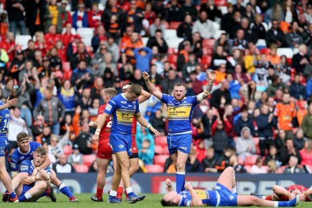 Leeds Rhinos celebrate the narrow victory over London Broncos. Picture: Richard Sellers/PA
