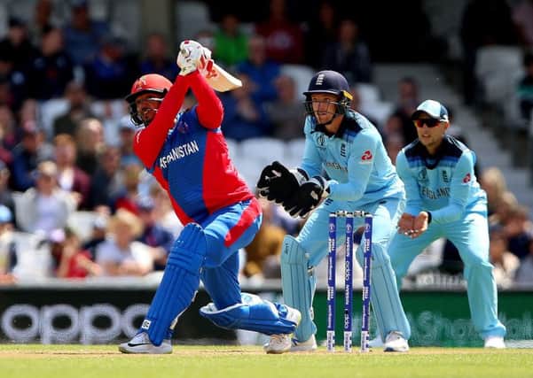 Afghanistan's Gulbadin Naib is out caught by England's Ben Stokes during the ICC Cricket World Cup Warm up match.