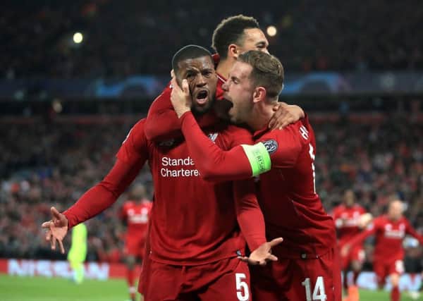 Comeback kings: Liverpool's Georginio Wijnaldum celebrates scoring his side's third goal en route to knocking Barcelona out of the Champions Leasgue.