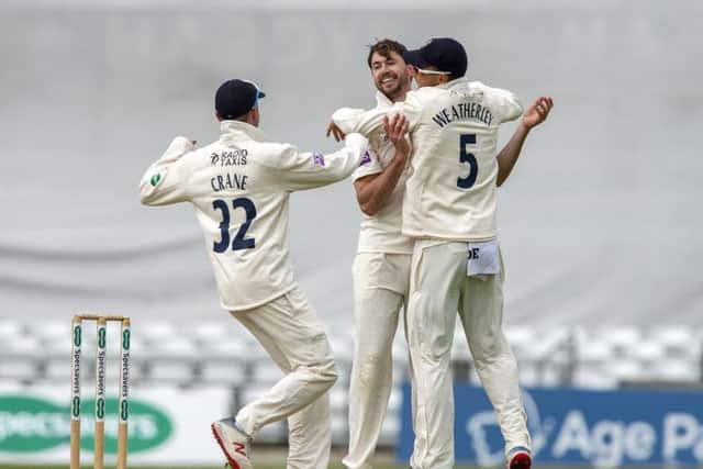 James Fuller of Hampshire celebrates the wicket of Jack Leaning. (Picture: Bruce Rollinson)