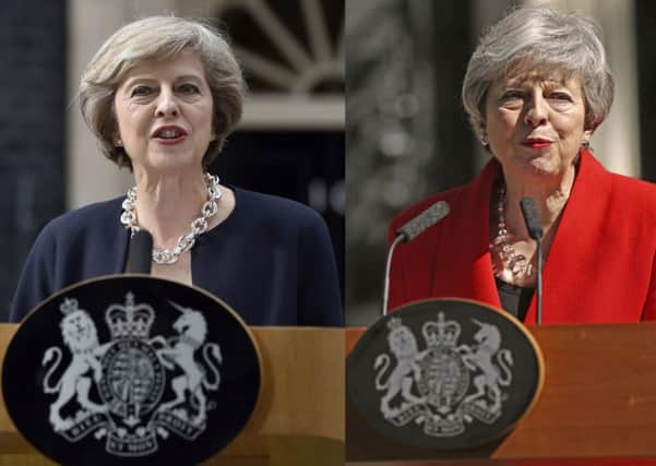 Combination photo of Theresa May on the day she became PM - and on the day she announced her resignation.