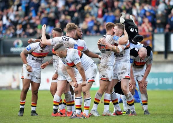Bradford Bulls celebrate at the final whistle as they beat Leeds Rhinos 24-22 in Challenge Cup.