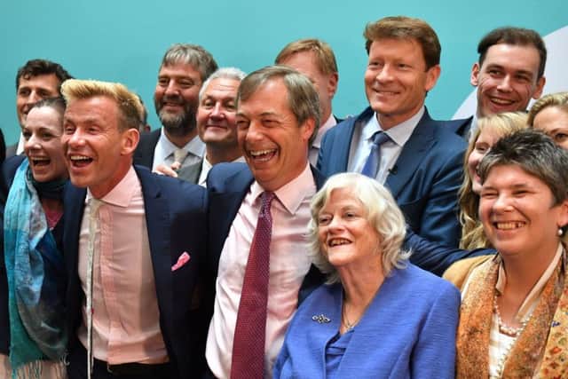 Nigel Farage with the brexit Party's new MEPs who include Ann Widdecombe, a former Tory MP.