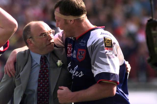 John Kear and Paul Broadbent celebrate their Wembley success with Sheffield Eagles in 1998.