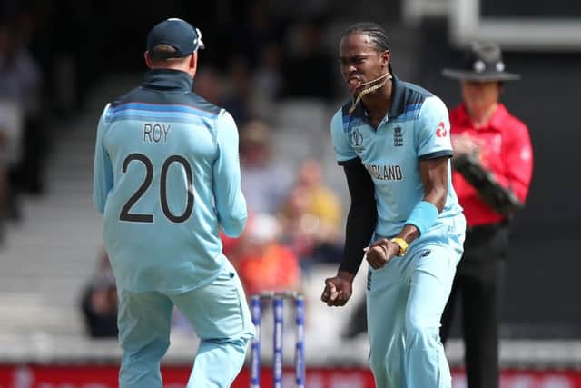 England's Jofra Archer celebrates taking the wicket of South Africa's Faf du Plessis at The Oval. Picture: Tim Goode/PA