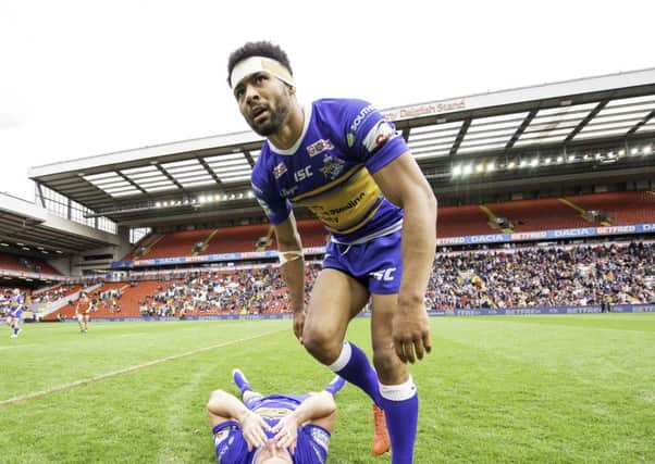 GOING, GOING, GONE: Leeds's Kallum Watkins pictured at Anfield after the Magic Weekend win over London Broncos. Picture by Allan McKenzie/SWpix.com