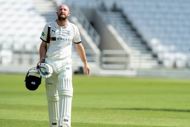 Adam Lyth walks after being bowled by Jamie Porter  for 95, caught by Will Buttleman. Picture Bruce Rollinson