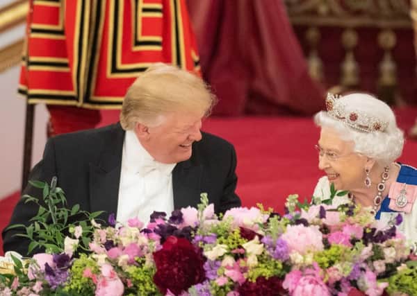 President Donald Trump and the Queen share a joke at this week's Buckingham Palace state banquet.