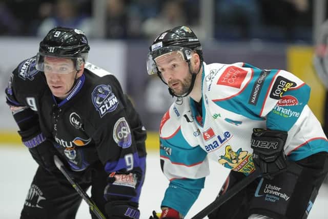 DON'T I KNOW YOU? Brendan Connolly lines up against former Belfast Giants team-mate Colin Shields during an EIHL encounter in Glasgow last season. Picture: Al Goold/EIHL.