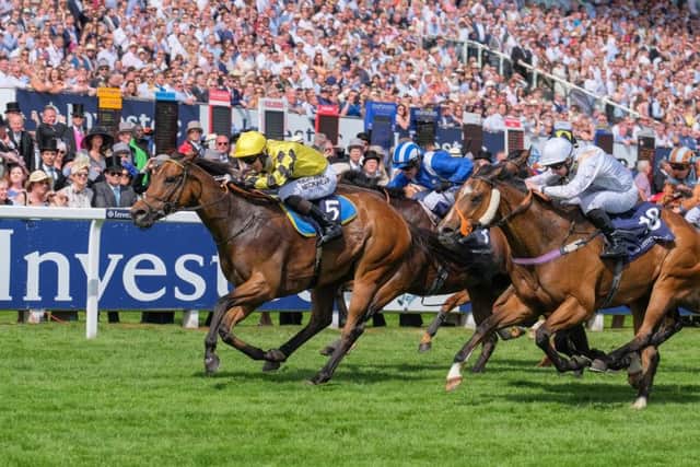 The finish of the Investec Dash at Epsom on Derby day which was won by the Phil Dennis-ridden Ornate.