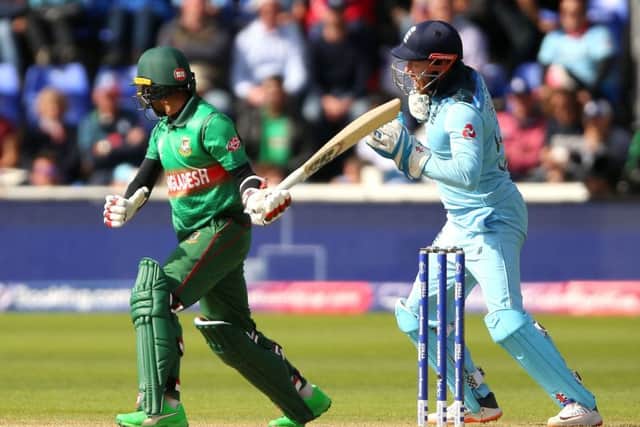 Bangladesh's Mohammad Mithun (left) is caught out by England's Jonny Bairstow in Cardiff. Picture: Nigel French/PA