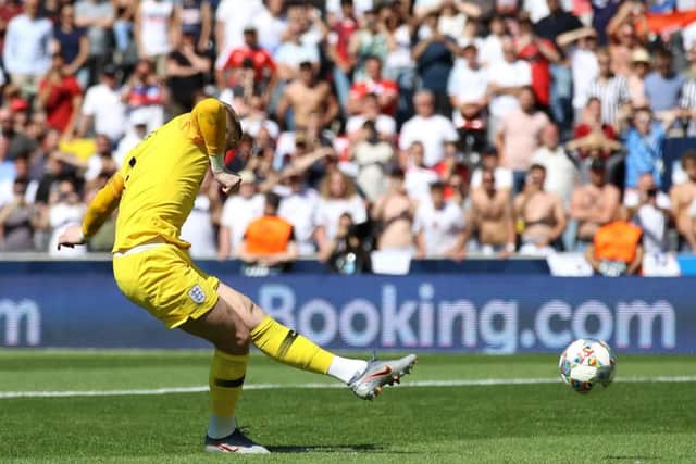 England goalkeeper Jordan Pickford scores a penalty in the shoot-out against Switzerland (Picture: Tim Goode/PA Wire).