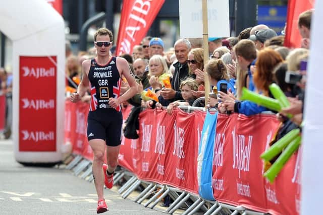 Home run: Despite the support of hometown fans in Leeds, Alistair Brownlee was unable to seriously challenge the leaders in the triathlon yesterday. (Pictures: Tony Johnson)