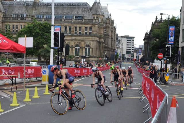 Leeds Triathlon women on their bikes in the centre of Leeds in the women's race.  Picture Tony Johnson.