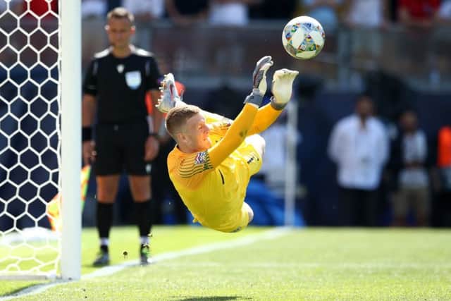 HERO OF THE HOUR: Jordan Pickford of England saves the decisive penalty from Josip Drmic in Guimaraes. Picture: Jan Kruger/Getty Images