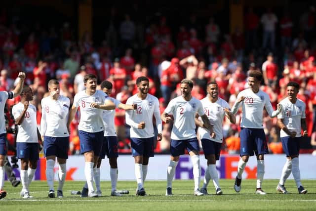 England players celebrate after winning the penalty shootout in Guimaraes. Picture: Tim Goode/PA