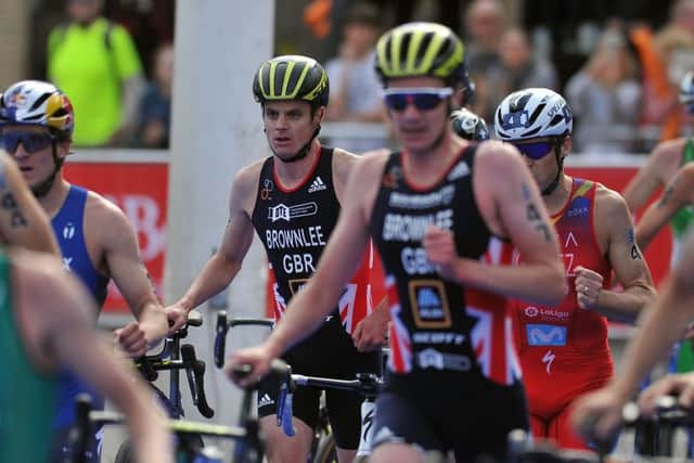 Jonny and Alistair Brownlee enter the transition zone at the World Series event in Leeds. (Picture: Tony Johnson)
