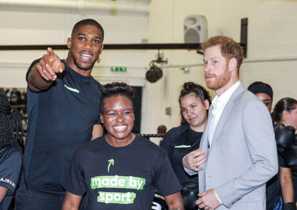 Nicola Adams with Anthony Joshua and the Duke of Sussex.