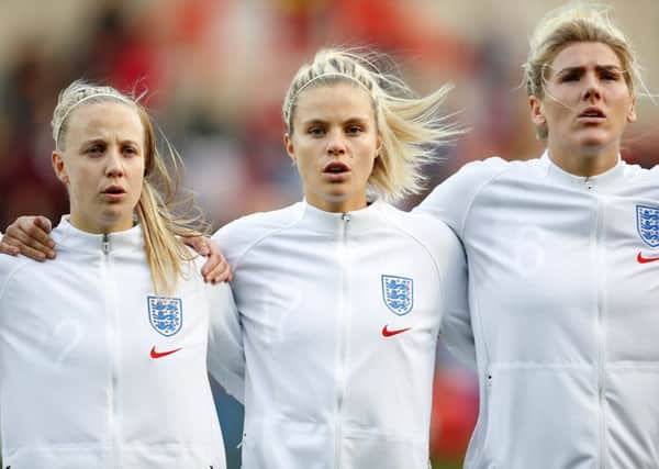 Beth Mead, Rachel Daly and Millie Bright of England.